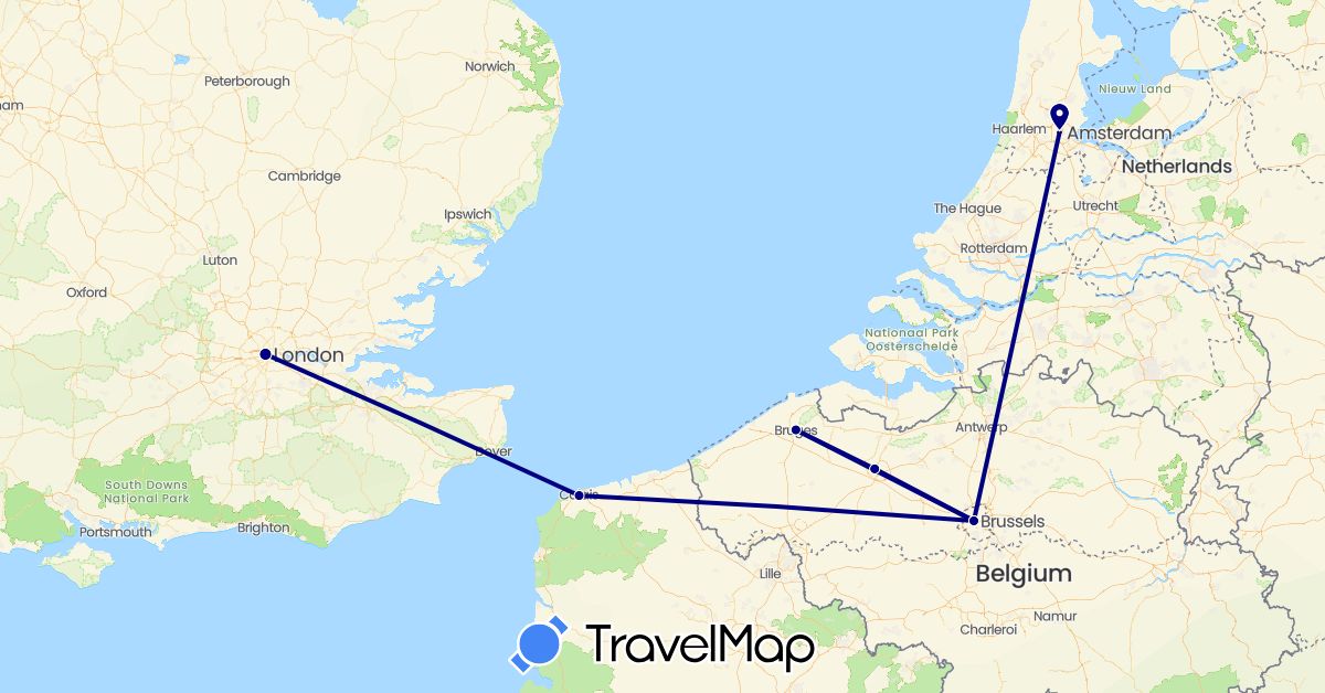 TravelMap itinerary: driving in Belgium, France, United Kingdom, Netherlands (Europe)