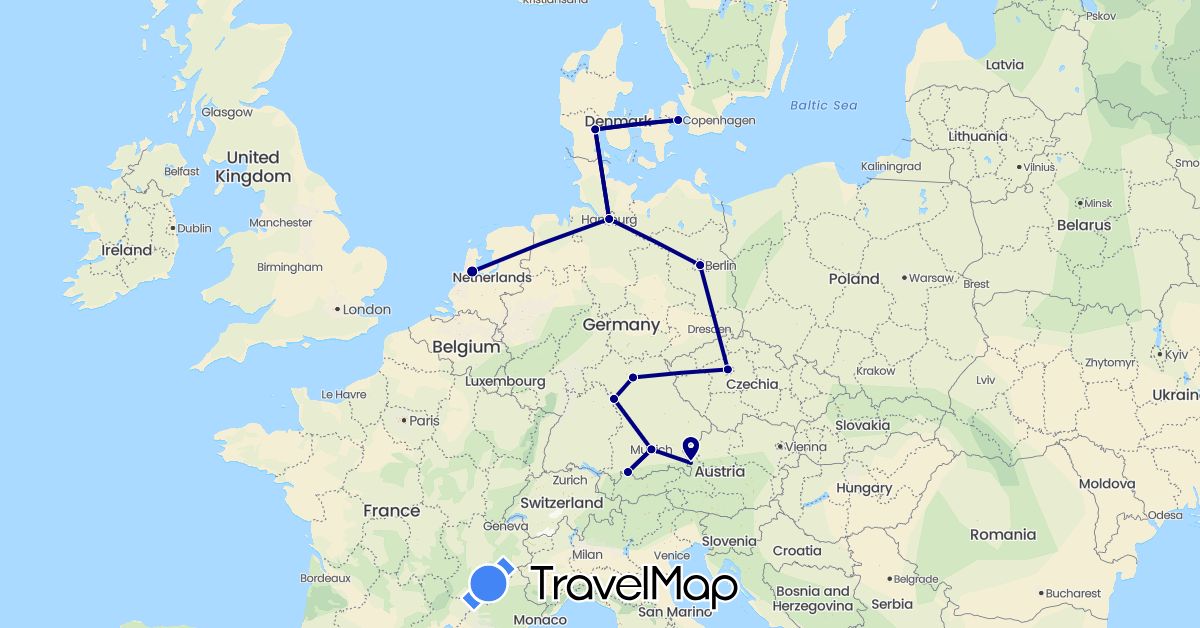TravelMap itinerary: driving in Austria, Czech Republic, Germany, Denmark, Netherlands (Europe)