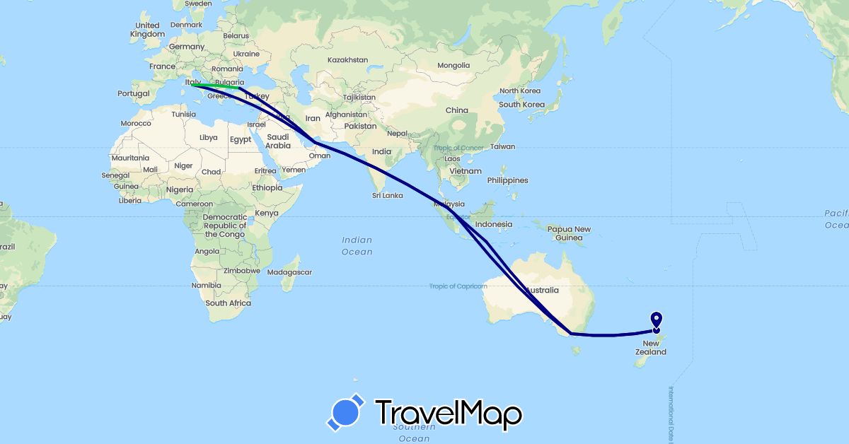 TravelMap itinerary: driving, bus in United Arab Emirates, Australia, Indonesia, Italy, Malaysia, New Zealand, Singapore, Turkey (Asia, Europe, Oceania)