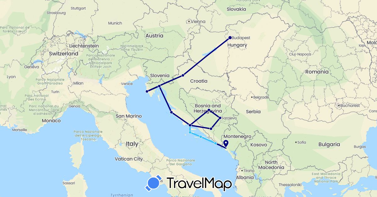 TravelMap itinerary: driving, boat in Bosnia and Herzegovina, Croatia, Hungary, Montenegro (Europe)